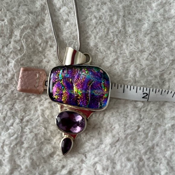 DICHROIC GLASS AMETHYST STERLING SILVER DESIGNER SIGNED PENDANT 16” SNAKE CHAIN - Picture 5 of 8